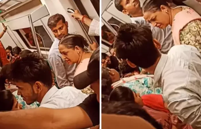 Delhi Metro Romance Video: मेट्रो में लड़का-लड़की कर रहे थे रोमांस, लेकिन आंटी हो गई वायरल