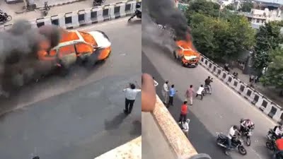 The burning car :- जयपुर में सड़क पर दिखाई द बर्निंग कार, ड्राइवर ने ऐसे बचाई अपनी जान